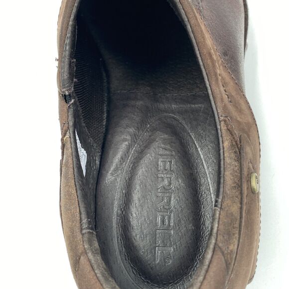 Merrell Luxe Wrap Brown Leather Slip On Studded Wedge Clogs Shoes Womens 7 - Picture 6 of 13